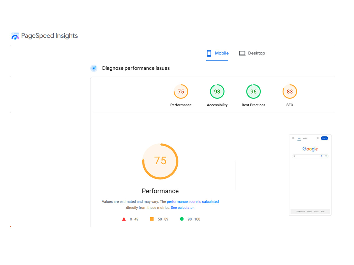Image of PageSpeed Insights results for the URL www.google.com.