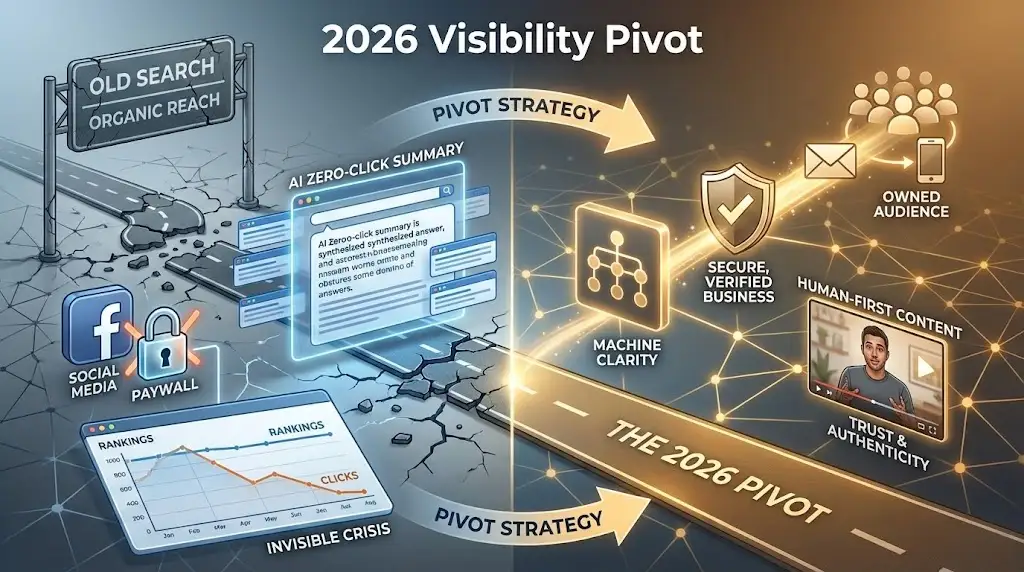 Illustration showing a broken highway transforming into a new path, symbolizing the 2026 traffic visibility pivot.