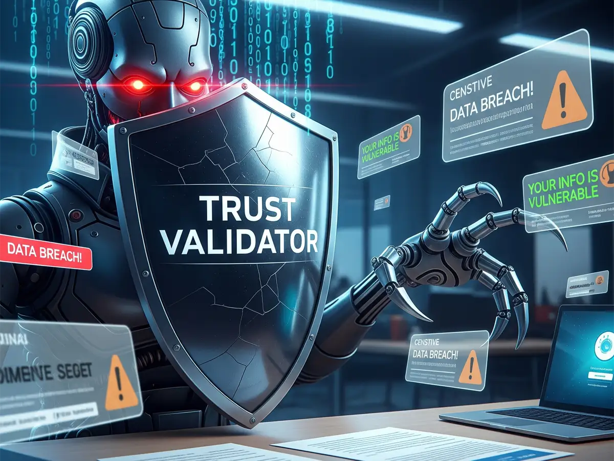 Gemini said A menacing cyborg with a cracked "TRUST VALIDATOR" shield and claw reaches for data amidst "DATA BREACH" warnings.