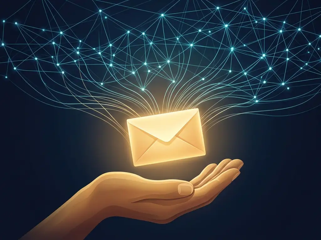 Open hand holding a glowing envelope with threads of light rising into a large network of connected points.