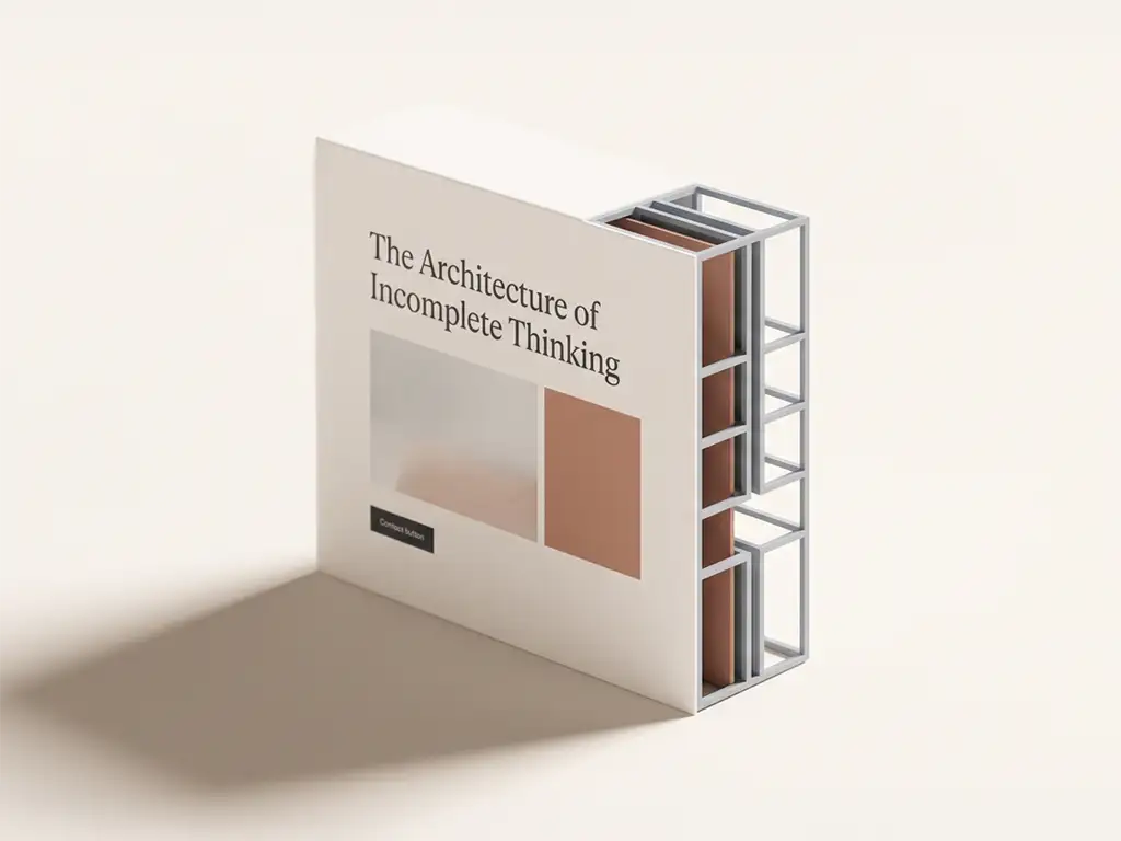Isometric view of a web page rendered as a solid object, its finished front face contrasted with an exposed side lattice of structural bays, some filled and some left empty.